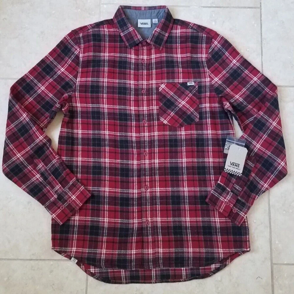 Vans Off the Wall Men Flannel Long Sleeve Button Up Shirt Red Plaid sz Small NEW